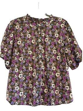 Talbots Floral Button-Front Blouse – Purple, Cream & Brown – 100% Cotton – Sz XL
